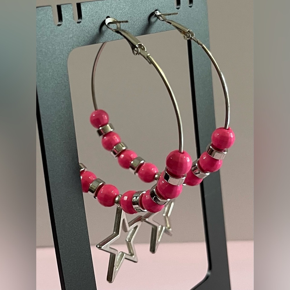 NEW Sona Silver Pink Beaded Hoops with Star Charm.